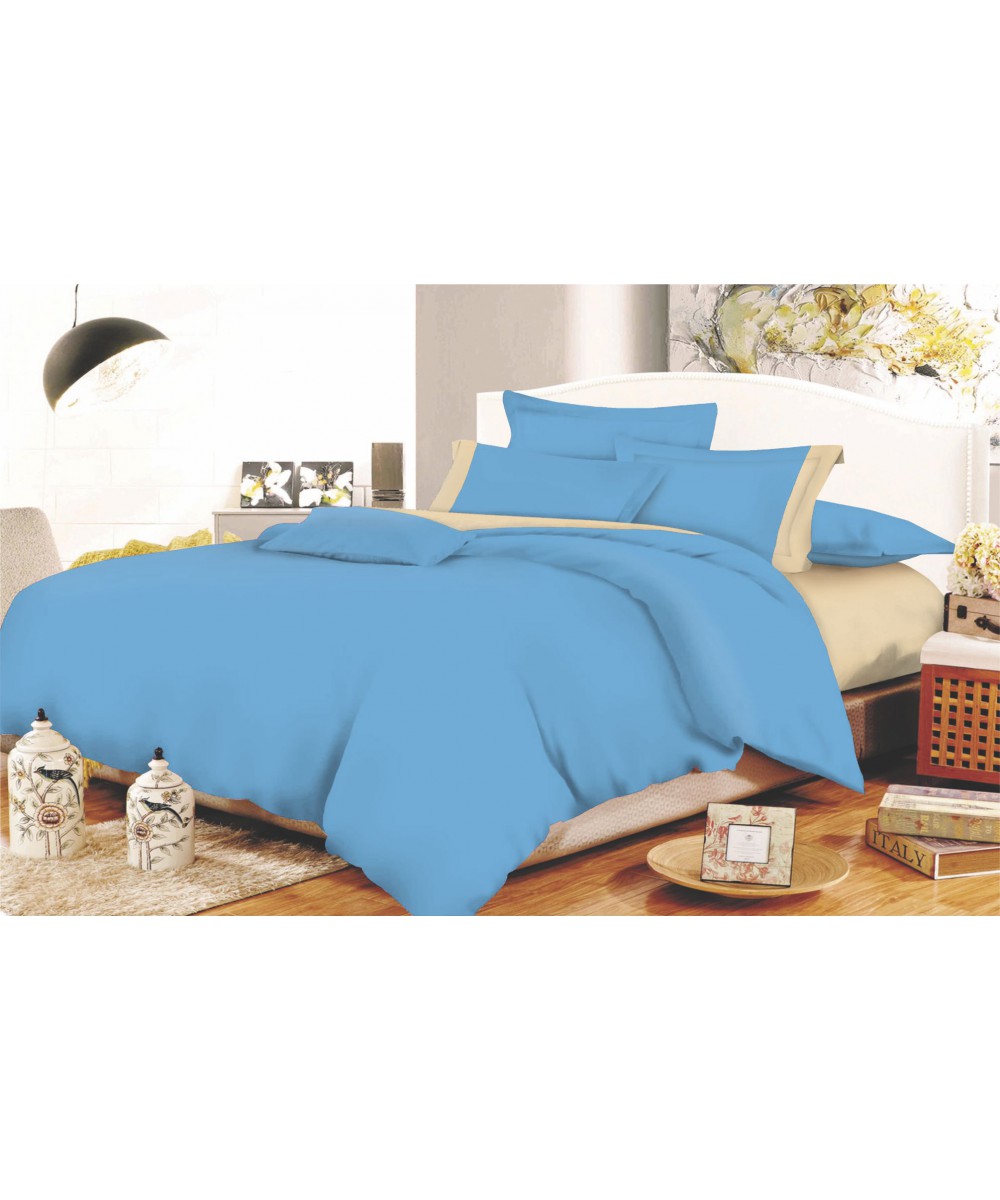 Duvet Cover KOMVOS Cotton Line Sky Blue - Beige Monochrome with Double Fascia 200x240