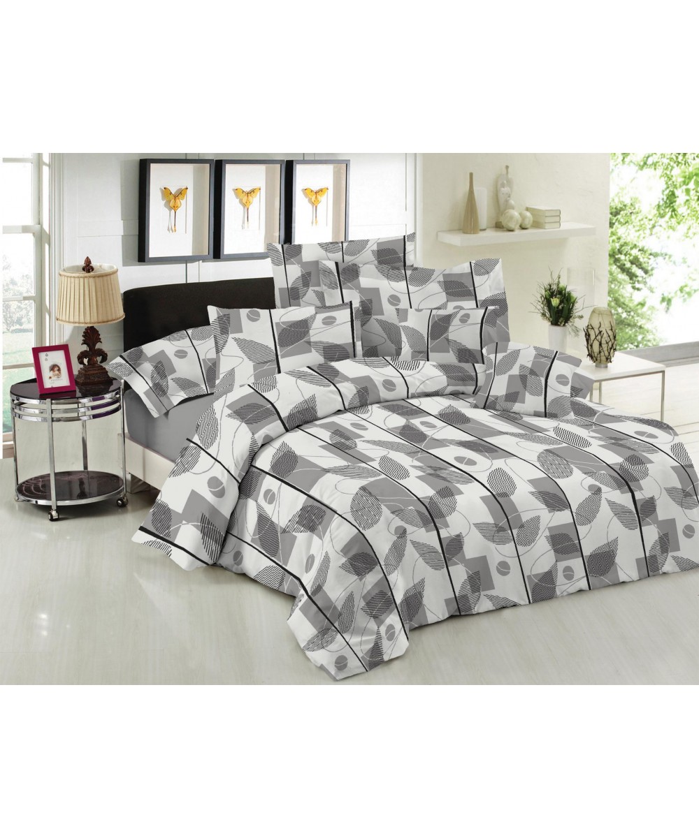 Σετ Σεντόνια Le Blanc Premium Cotton 100%  Leaves Grey Υπέρδιπλα με λάστιχο 160x200 33