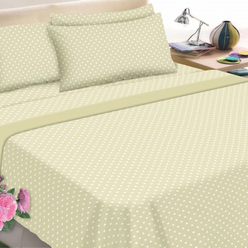 Flannel Sheet KOMVOS Printed Super Double with elastic 160x200 30 & 2 Pillowcases Dots Beige