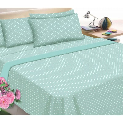 Flannel Sheet KOMVOS Printed Super Double with elastic 160x200 30 & 2 Pillowcases Dots Petrol