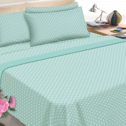 Flannel Sheet KOMVOS Printed Super Double with elastic 160x200 30 & 2 Pillowcases Dots Petrol