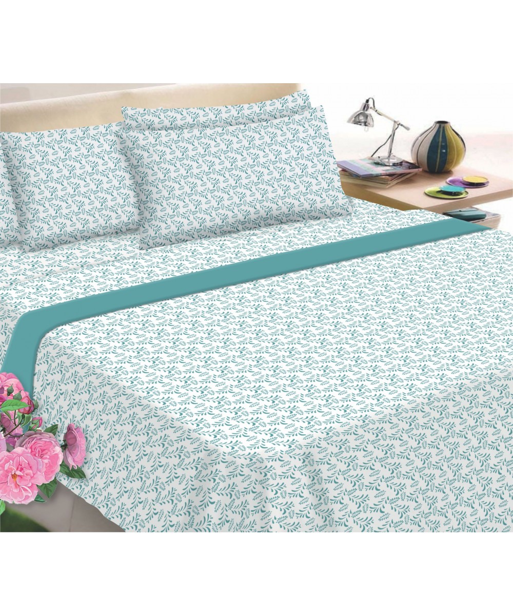 Flannel Sheet KOMVOS Printed Super Double with elastic 160x200 30 & 2 Pillowcases Fern Petrol