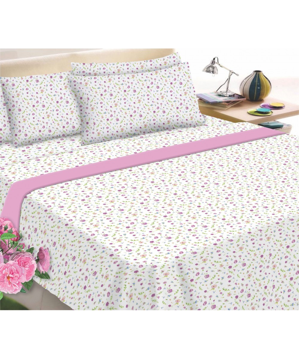 Flannel Sheet KOMVOS Printed Super Double with elastic 160x200 30 & 2 Pillowcases Little Rose Mauve