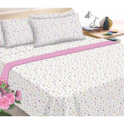 Flannel Sheet KOMVOS Printed Super Double with elastic 160x200 30 & 2 Pillowcases Little Rose Mauve