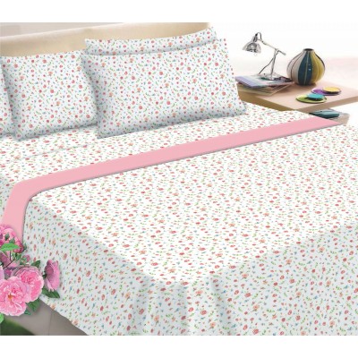 Flannel Sheet KOMVOS Printed Super Double with Elastic 160x200 30 & 2 Pillowcases Little Rose Peach