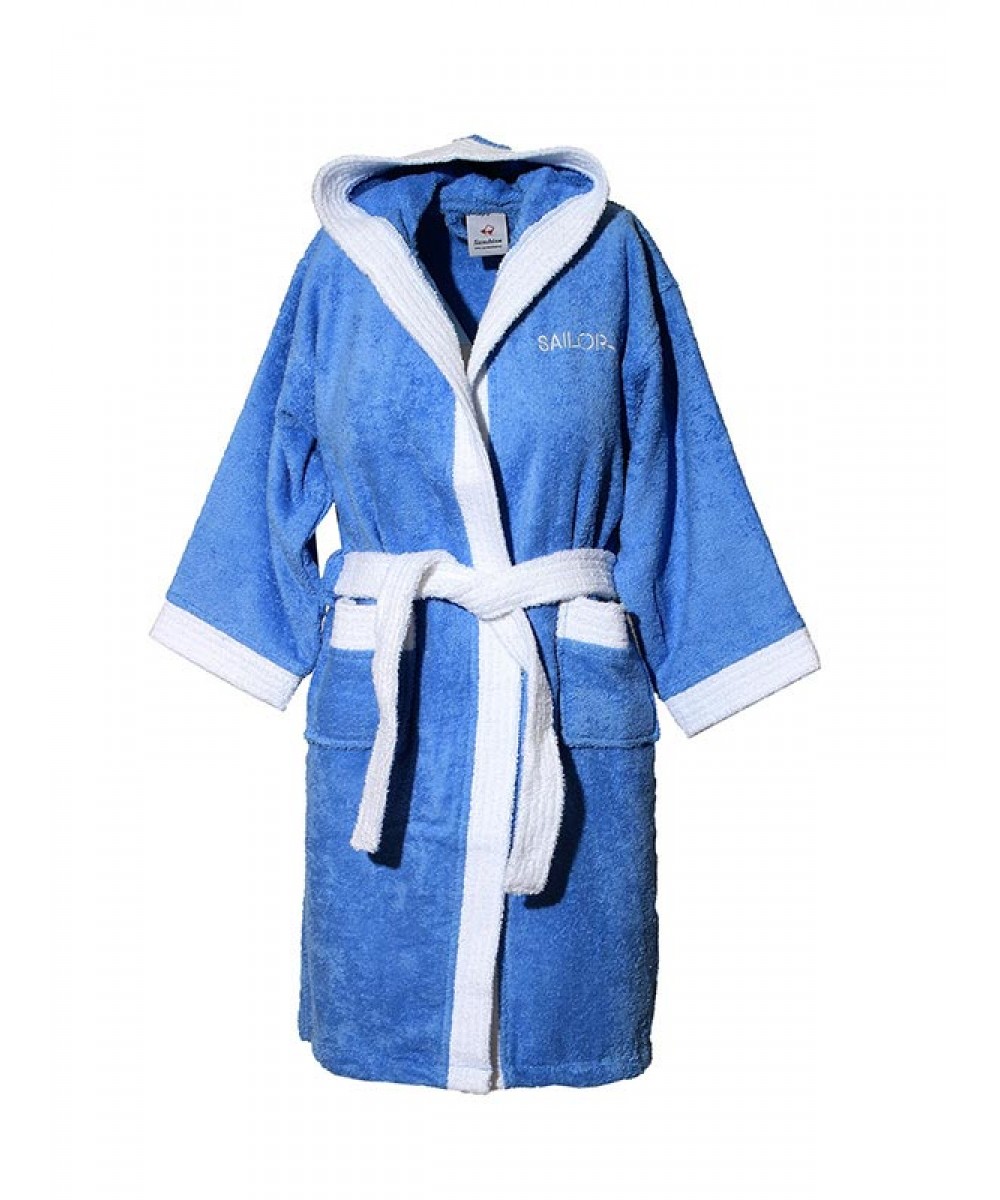 Blue hooded children's bathrobe