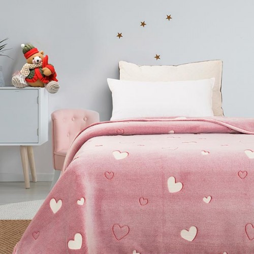 Κουβέρτα φωσφοριζέ μονή Hearts Pink Μονή (160x220)