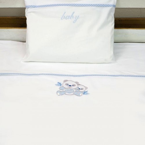 Embroidered cot sheets Panda 02 Blue Cot