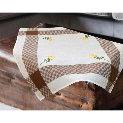 JACQUARD LINEN TABLECLOTH WITH ROSE EMBROIDERY 5580 BROWN 140X140 LINEAHOME