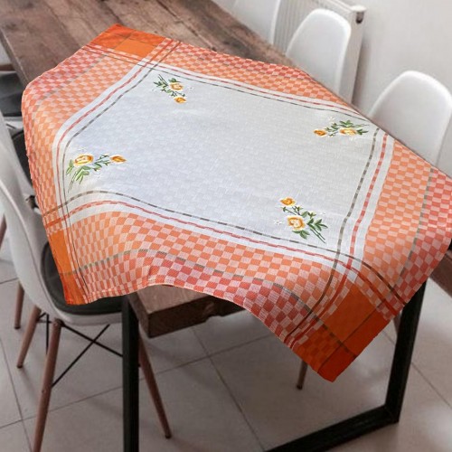 JACQUARD LINEN TABLECLOTH WITH EMBROIDERY LILY 5580 ORANGE 140X220 LINEAHOME