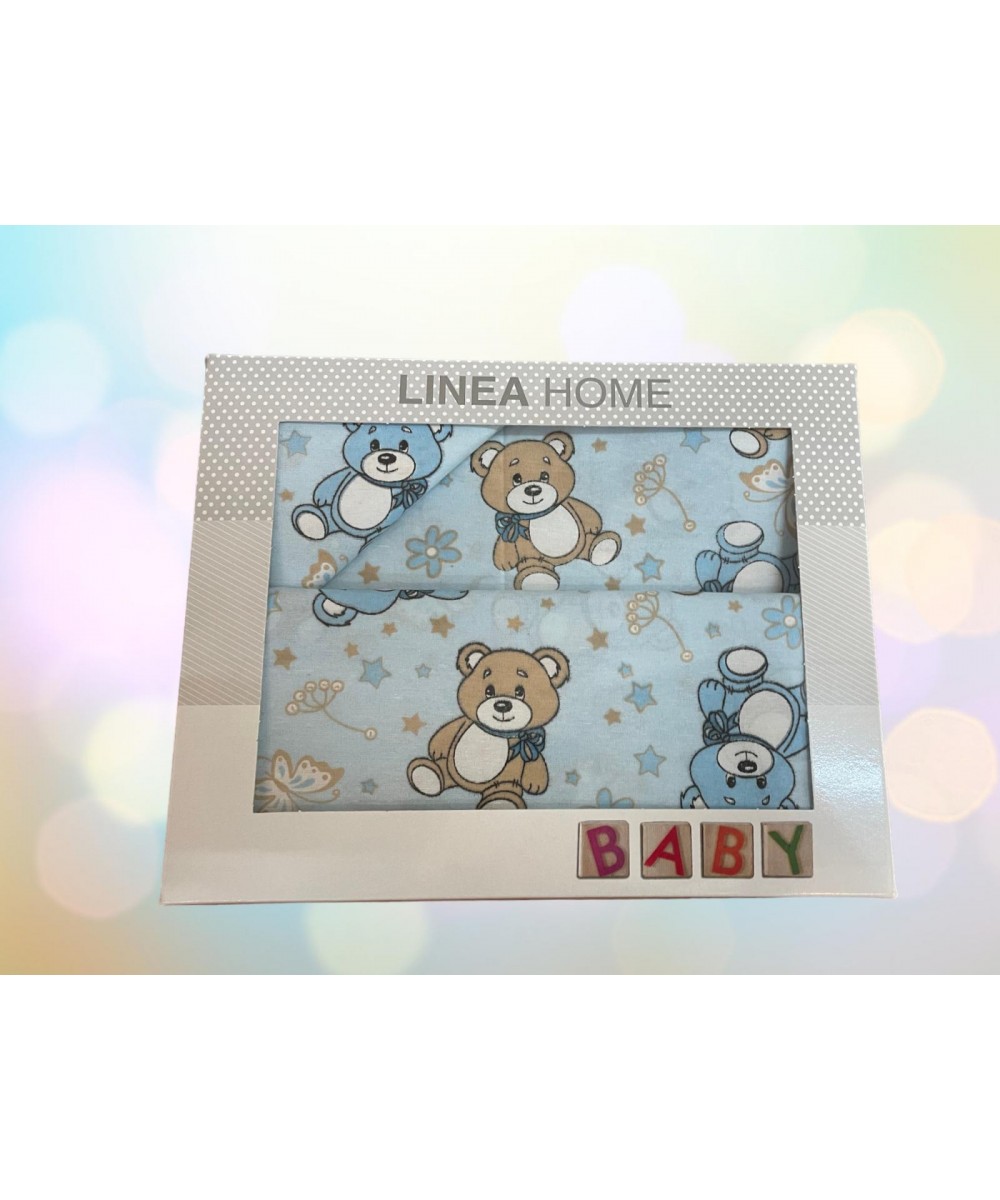 SET OF 3 PIECE CRADLE SHEETS TEDDY STAR BLUE (2) 120X160 (1) 0.35X0.45 LINEAHOME
