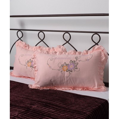 Βαμβακερή μαξιλαροθήκη με βολάν και κέντημα (40cm x 65cm) ρόζ ζευγάρι
