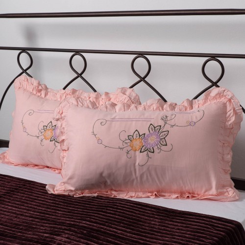 Βαμβακερή μαξιλαροθήκη με βολάν και κέντημα (40cm x 65cm) ρόζ ζευγάρι