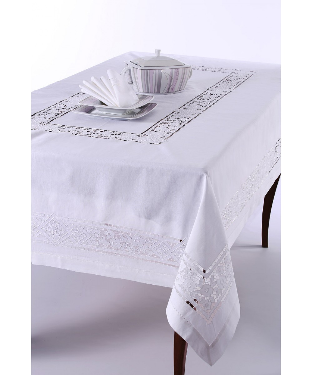 Handmade tablecloth 682 (120cm x 180cm) white with 6 napkins