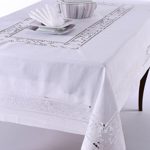 Handmade tablecloth 682 (120cm x 180cm) white with 6 napkins