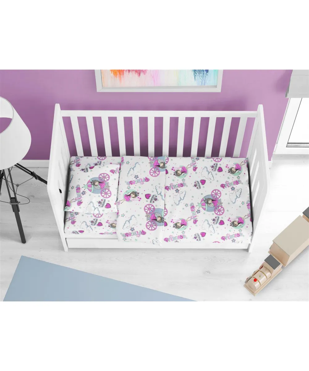 Σεντόνια Εμπριμέ Σετ 3 τεμ bebe Princess 389 120X160 White-Lila 70/30 Cott/Pol Σεντόνια Εμπριμέ Σετ 3 τεμ bebe Princess 389 120X160 White-Lila 70/30 Cott/Pol
