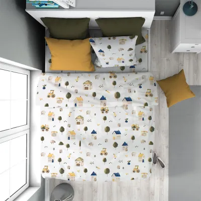 Παπλωματοθήκη Εμπριμέ kids Village 579 160X240 White-Green 100%  Cotton