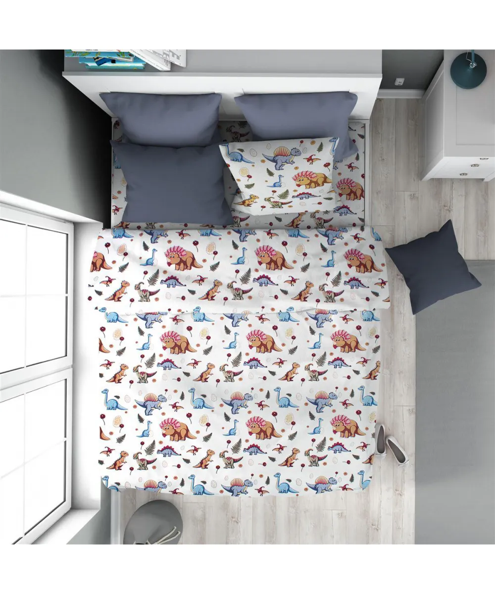 Παπλωματοθήκη Εμπριμέ kids Dinosaur 519 160X240 White-Blue 100%  Cotton
