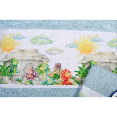 Πετσέτα Σετ 2 τεμ Με Ψηφιακή Εκτύπωση bebe Dinosaurs 310 30X50,70X140 Sky Blue 100%  Cotton