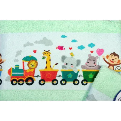 Πετσέτα Σετ 2 τεμ Με Ψηφιακή Εκτύπωση bebe Train 348 30X50,70X140 Mint 100%  Cotton