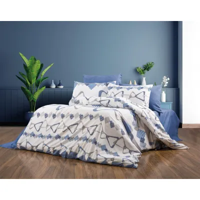 Σεντόνια Εμπριμέ Σετ 3 τεμ Δαρεία 489 160X240 White-Blue 70/30 Cott/Pol