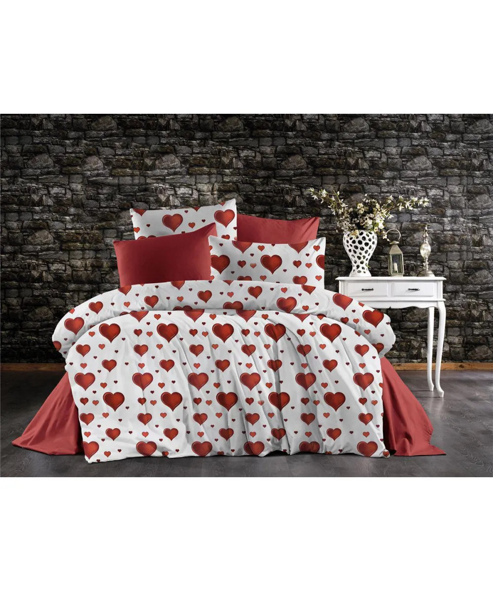 Σεντόνια Εμπριμέ Σετ 4 τεμ Πάθος 607 220X240 White-Red 70/30 Cott/Pol