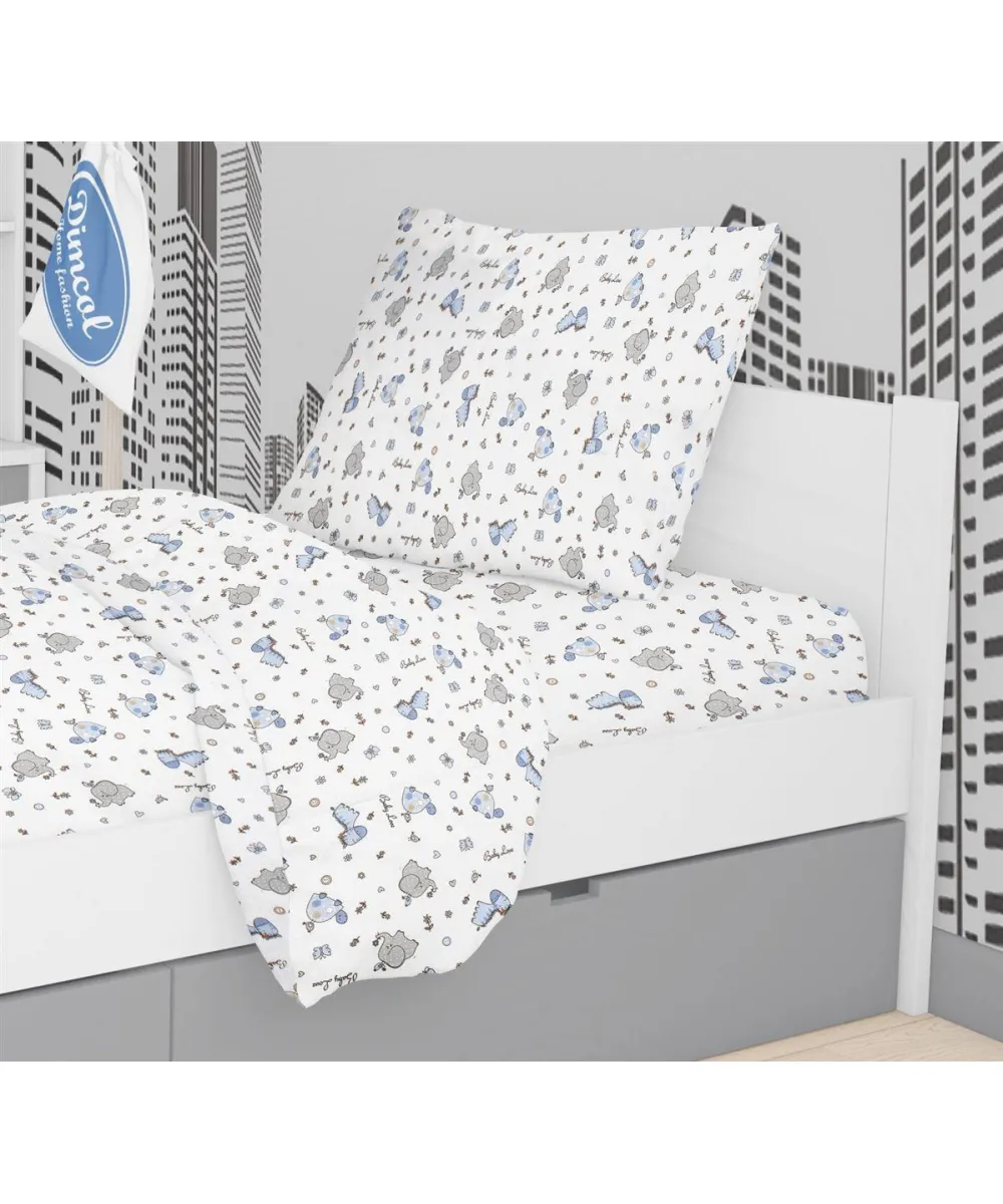 Μαξιλαροθήκη Εμπριμέ kids Elephant 074 50X70 White-Sky Blue 100%  Cotton Flannel