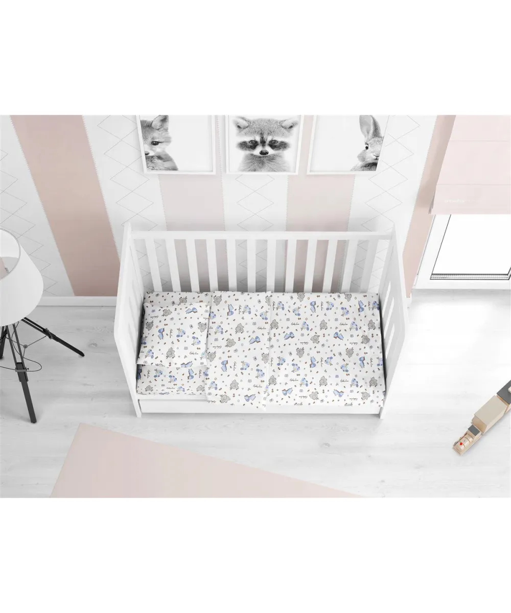 Σεντόνια Εμπριμέ Σετ 3 τεμ bebe Elephant 074 120X160 White-Sky Blue 100%  Cotton Flannel