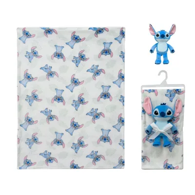 Λούτρινο Disney Home Σετ 2 Τεμ. bebe Stitch 28 Ύψος 25 cm & Κουβέρτα Coral Fleece 75X100 cm White-Blue 100%  Polyester