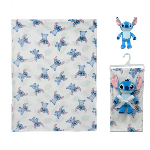 Λούτρινο Disney Home Σετ 2 Τεμ. bebe Stitch 28 Ύψος 25 cm & Κουβέρτα Coral Fleece 75X100 cm White-Blue 100%  Polyester