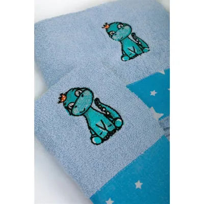 Πετσέτα Με Κέντημα Σετ 2 τεμ bebe Dinosaur 179 30X50,70X140 Sky Blue 100%  Cotton