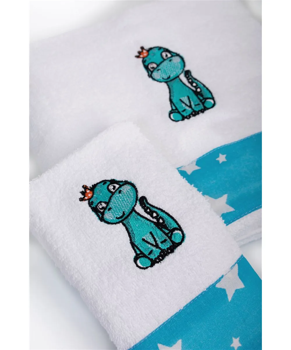 Πετσέτα Με Κέντημα Σετ 2 τεμ bebe Dinosaur 180 30X50,70X140 White-Sky Blue 100%  Cotton