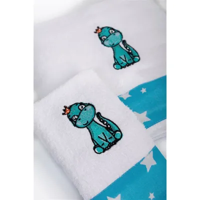 Πετσέτα Με Κέντημα Σετ 2 τεμ bebe Dinosaur 180 30X50,70X140 White-Sky Blue 100%  Cotton