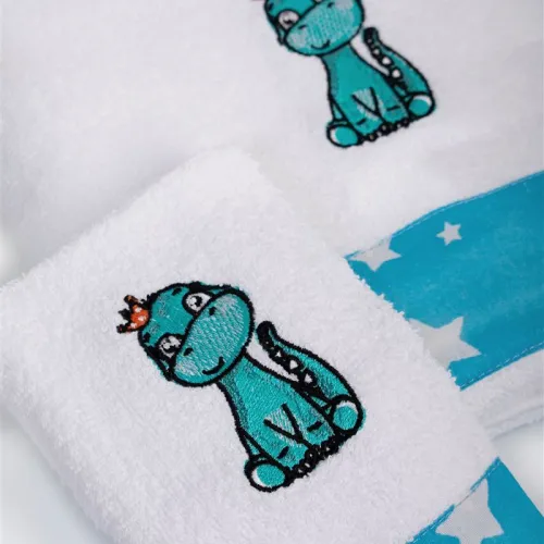 Πετσέτα Με Κέντημα Σετ 2 τεμ bebe Dinosaur 180 30X50,70X140 White-Sky Blue 100%  Cotton