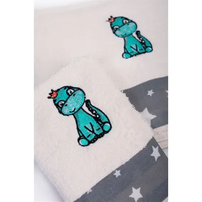 Πετσέτα Με Κέντημα Σετ 2 τεμ bebe Dinosaur 181 30X50,70X140 Ecru-Grey 100%  Cotton