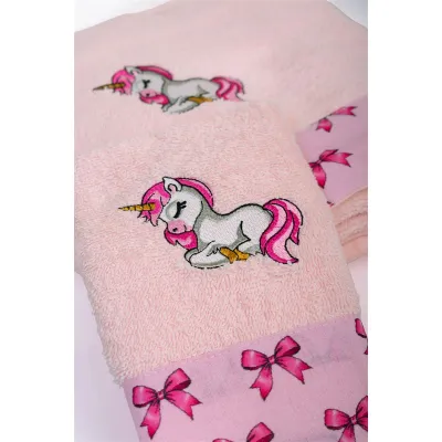 Πετσέτα Με Κέντημα Σετ 2 τεμ bebe Unicorn 187 30X50,70X140 Pink 100%  Cotton