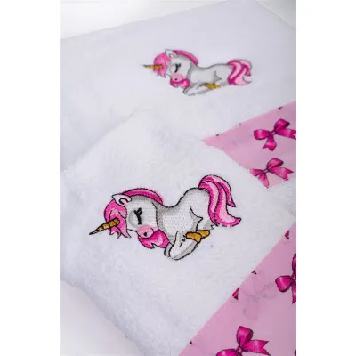 Πετσέτα Με Κέντημα Σετ 2 τεμ bebe Unicorn 188 30X50,70X140 White-Pink 100%  Cotton