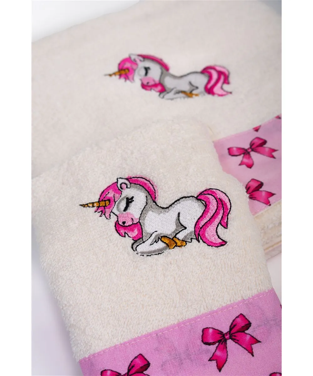 Πετσέτα Με Κέντημα Σετ 2 τεμ bebe Unicorn 189 30X50,70X140 Ecru-Pink 100%  Cotton