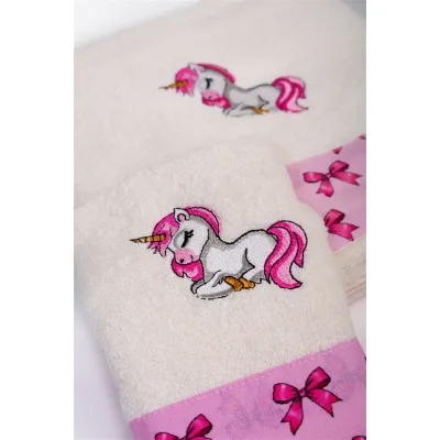 Πετσέτα Με Κέντημα Σετ 2 τεμ bebe Unicorn 189 30X50,70X140 Ecru-Pink 100%  Cotton