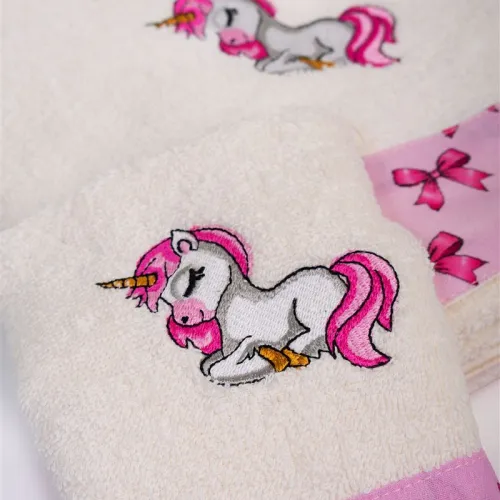 Πετσέτα Με Κέντημα Σετ 2 τεμ bebe Unicorn 189 30X50,70X140 Ecru-Pink 100%  Cotton