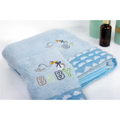 Πετσέτα Με Κέντημα Σετ 2 τεμ bebe Stork 191 30X50,70X140 Sky Blue 100%  Cotton
