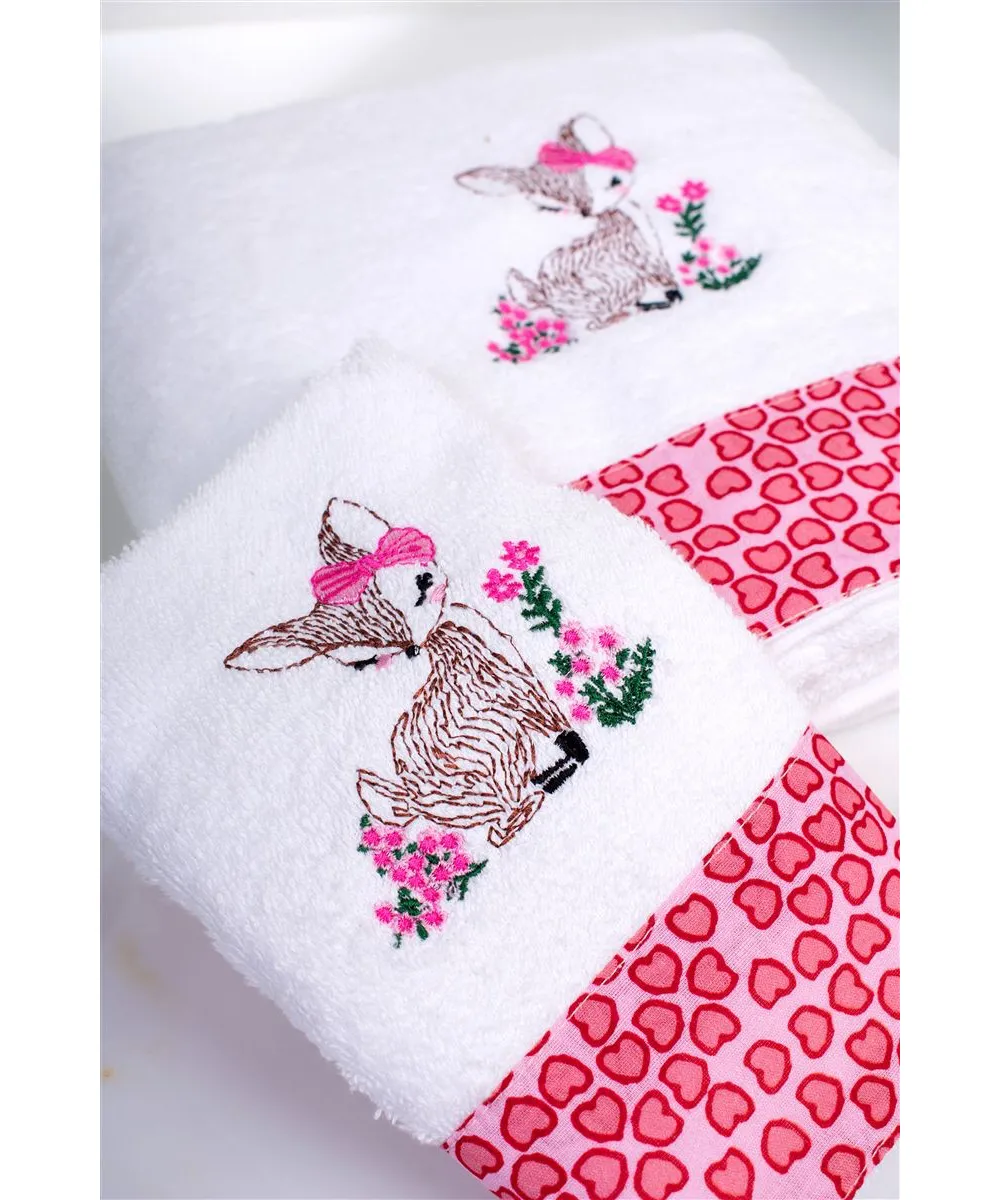 Πετσέτα Με Κέντημα Σετ 2 τεμ bebe Deer 197 30X50,70X140 White-Pink 100%  Cotton