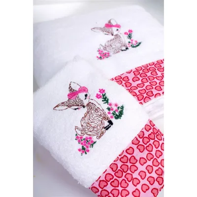 Πετσέτα Με Κέντημα Σετ 2 τεμ bebe Deer 197 30X50,70X140 White-Pink 100%  Cotton