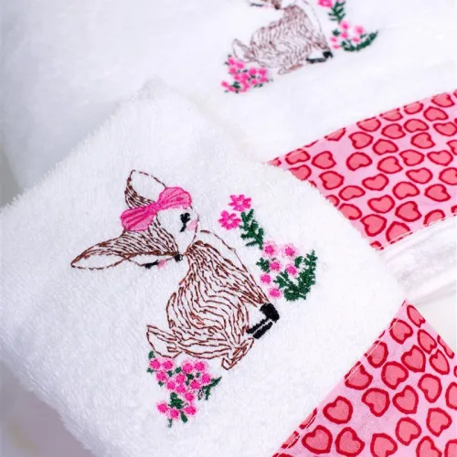 Πετσέτα Με Κέντημα Σετ 2 τεμ bebe Deer 197 30X50,70X140 White-Pink 100%  Cotton