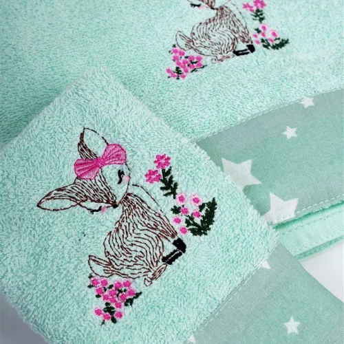 Πετσέτα Με Κέντημα Σετ 2 τεμ bebe Deer 199 30X50,70X140 Mint 100%  Cotton