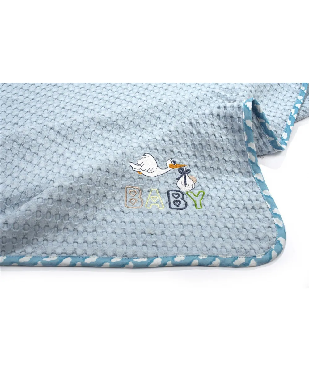 Κουβέρτα Πικέ Με Κέντημα bebe Stork 191 80X110 Sky Blue 100%  Cotton