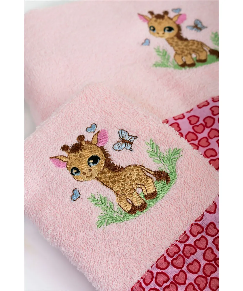 Πετσέτα Με Κέντημα Σετ 2 τεμ bebe Giraffe 171 30X50,70X140 Pink 100%  Cotton