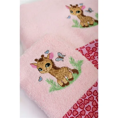 Πετσέτα Με Κέντημα Σετ 2 τεμ bebe Giraffe 171 30X50,70X140 Pink 100%  Cotton