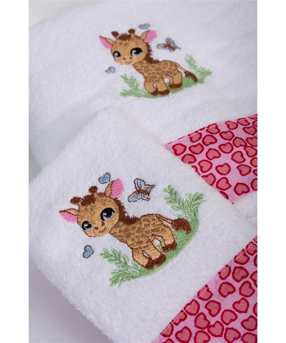 Πετσέτα Με Κέντημα Σετ 2 τεμ bebe Giraffe 172 30X50,70X140 White-Pink 100%  Cotton