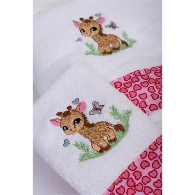 Πετσέτα Με Κέντημα Σετ 2 τεμ bebe Giraffe 172 30X50,70X140 White-Pink 100%  Cotton